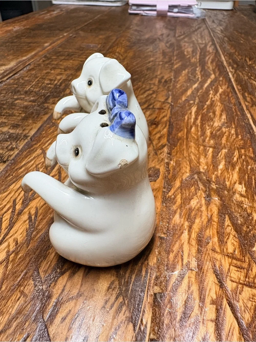 70’s Fitz and Floyd Cream Ceramic Pig Salt & Pepper Shakers Blue Bow 3.25”X2.25